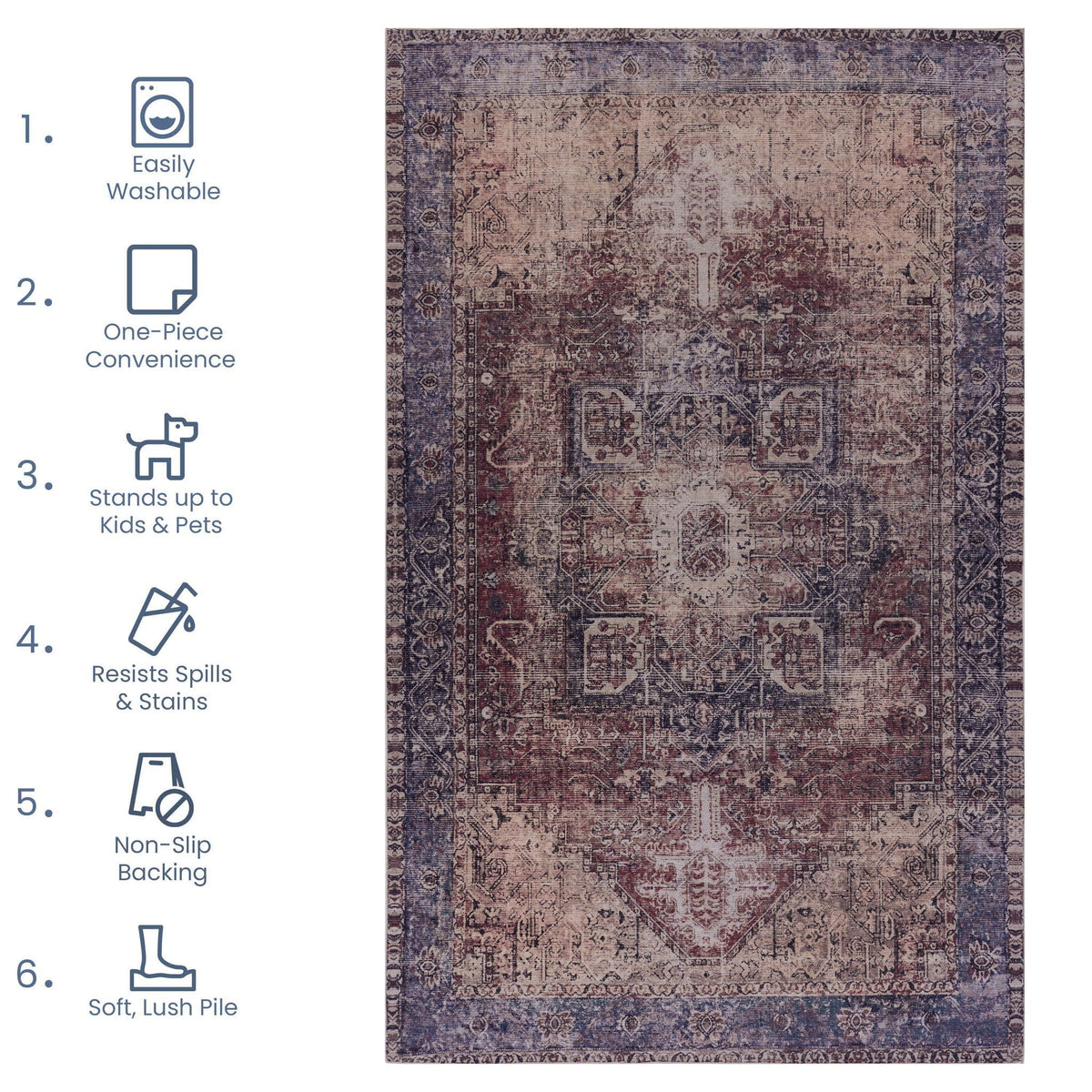 Washable Area Rug with Soft Low Pile - Maval by Naar Rug - Dark Red or Beige