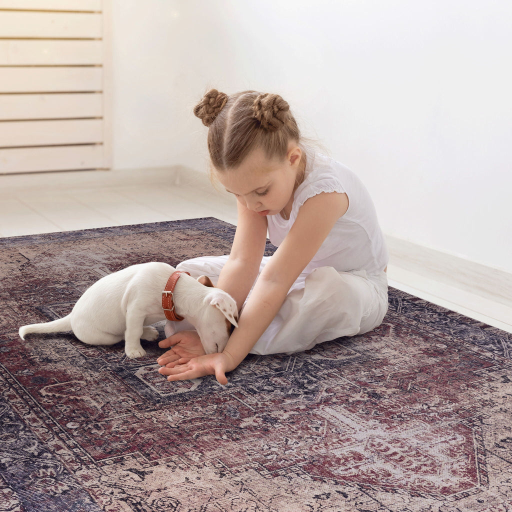Washable Area Rug with Soft Low Pile - Maval by Naar Rug - Dark Red or Beige